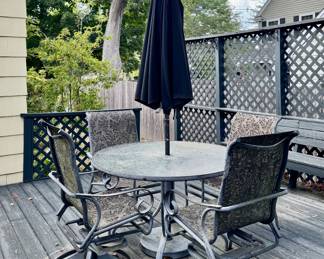 Cast Aluminum Patio Table, Umbrella & 4 Swivel Chairs