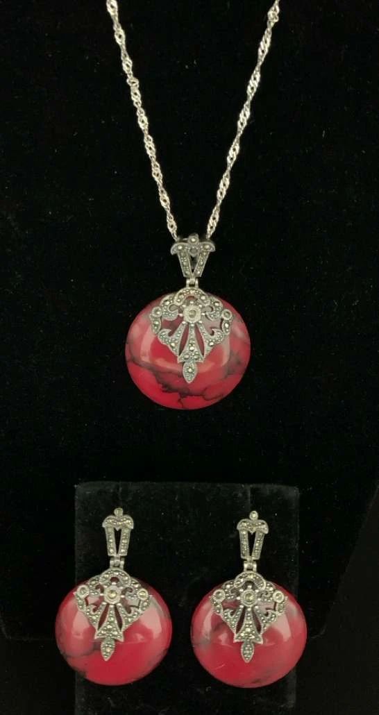 BO436VSilver Malachite Red Stone, Earring  Necklace Set