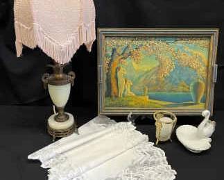 BO334Vintage Tray, Lamp, And Decor