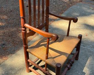 176 AntiqueBannisterBackWoodChairWithRushSeat