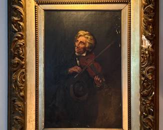 24 AntiqueOilonCanvasManPlayingViolin