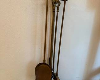 82 5PieceBrassFireplaceUtensilSetWoodMatchHolder