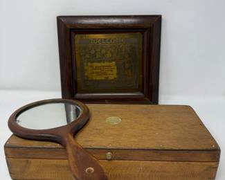 158 WoodBoxHandMirrorandWoodFramedMetalWelcomeSign