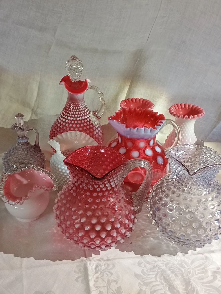 Fenton glass pieces - cranberry, white, opalescent