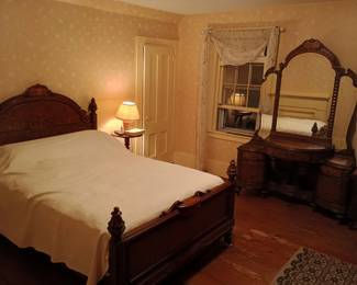 Bed and vanity (part of 6-piece hand-carved 1930s burl walnut bedroom set)