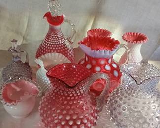 Fenton glass pieces - cranberry, white, opalescent