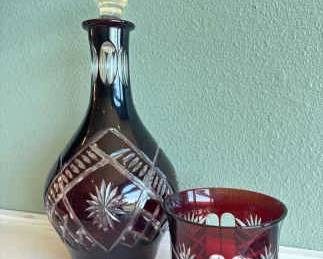 Bohemian Ruby Cut Glass Decanter And Matching Cup