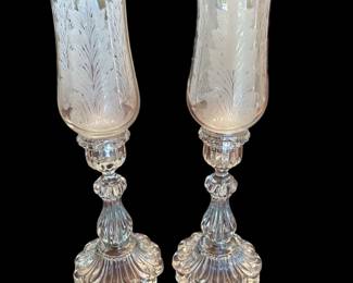 Vintage Glass Candlestick Holders with Etched Shades