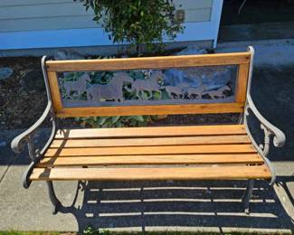 Cast Iron and Oak Bench Horse Themed
