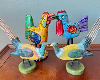 Artisan Wood Painted Birds And Rooster Candleholders