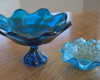 Blue Ruffle Glass Pedestal Bowl and Scalloped Candy Dish