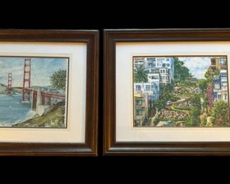 Golden Gate Bridge And Lombard Street Framed Watercolors