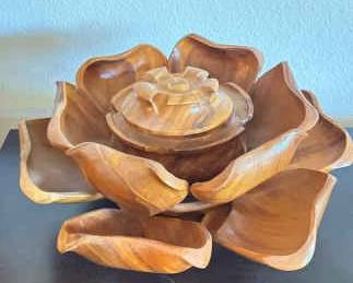 Mid Century Monkey Pod Lotus Flower Lazy Susan