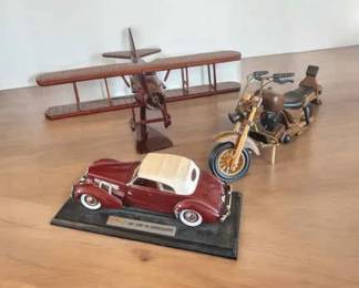 Wooden Model Biplane Motorcycle And Die Cast Car