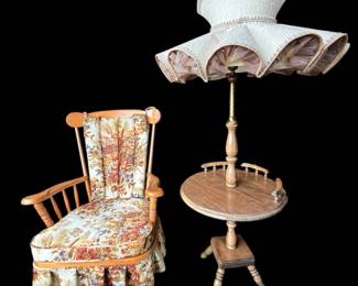 Vintage Floor Lamp Table with Ruffled Shade And Rocking Chair