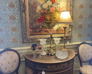 Maitland-Smith painted demilune French cabinet  with 2 of a 5 piece French Louis 16th walnut parlor set circa 1850