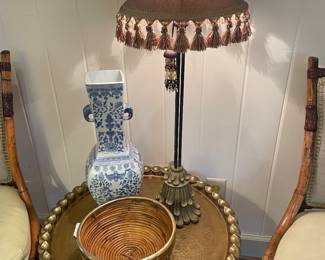 Mid century brass tray table with Italian brass trimmed basket bowl 