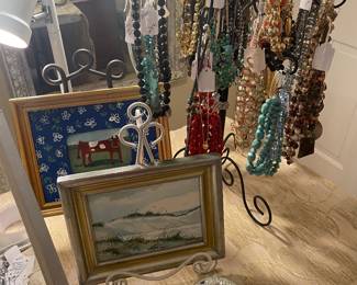 Small Sharon Yavis cow painting and Richard Folmar beach scene with costume necklaces