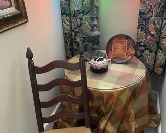Walnut rush seated rocker and stained glass street lamp lamp