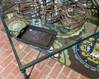 Verde gres finished iron glass topped coffee table