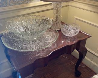 Chippendale mahogany tea table with Libbey punch bowl 