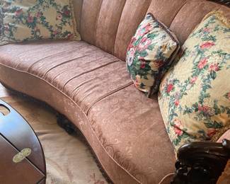 Unusual barrel back Art Nouveau sofa with carved mahogany lotus blossom arms