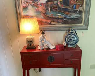 Red lacquer oriental cabinet on legs with Montgomery artist Marquette Edwards oriental port scene oil on canvas 
