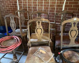 Set of 6 walnut 1920’s dining chairs and wrought iron queen size headboard with frame