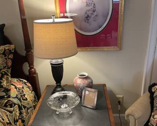 Contemporary walnut slate top table with Fostoria bowl and Icart print