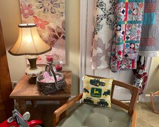 Mid century oak armchair with pine table and vintage quilts