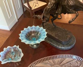 Remington bronze with  opalescent and cut glass