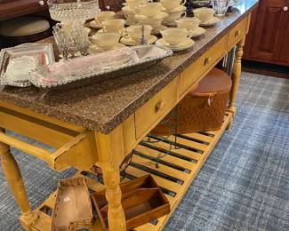 Wonderful granite topped pastry table with Lenox Monticello cups and saucers and Silverplate tea set