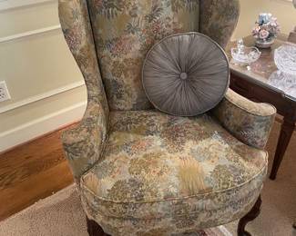 Wonderful brocade upholstered mahogany Queen Ann wingback armchair 