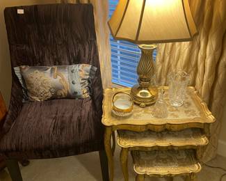 Florentine nesting tables and crushed velvet slipper chair