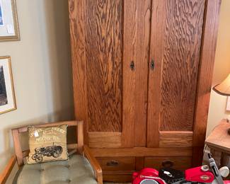 Oak armoire with mid century oak armchair and Harley Davidson rocking motorcycle 