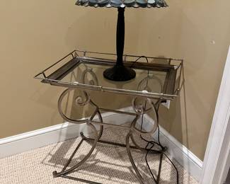 Metal & Glass Side Table with Leaded Glass Lamp