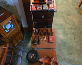 Pipes, humidor, pipe stand.