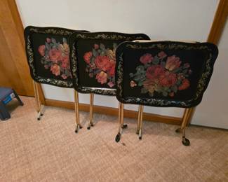 3 Floral Metal TV Trays Black With Roses Mid Century Modern Folding Table MCM Crestline.