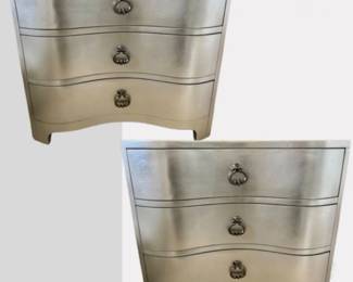 64 PairofSilverNightstandsw3DrawersCurvedFrontRingPulls