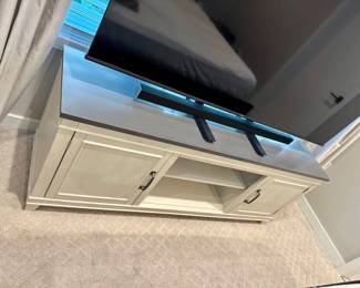 16 CreamGrayTVStandwOpenShelfSideCabinets