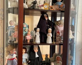 Miniature Dolls--Babies, Nuns, You Name It! Cabinet too.