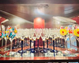 Hand Painted Goblets, Romanian Crystal Wine Glasses W/ Clear Bowl Gold Band And Cobalt Blue Stems