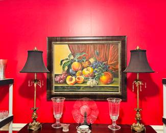 Still Life Oil on Canvas, Professionally Framed, Lamps, Pink Depression Glass Plate, Tea Cup and Saucer, Home Decor