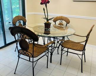 Tommy Bahama Glass Top and Iron Dinette Table and Four Rattan and Iron Chairs