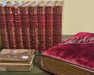 Red leather, gold tooled antique books, Antqiue photo album, onyx box