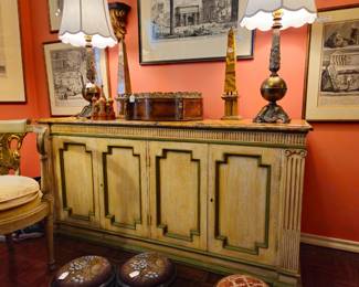 various French accessories and Piranesi etchings. Three small footrests. Cabinet is not available.