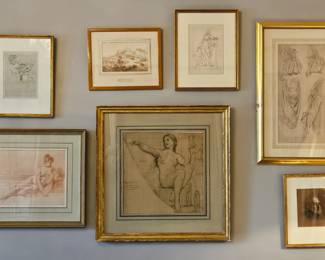 Drawings, engravings, and fine art prints. Upper left Mary Cassatt "Girl with Mirror" dry point.