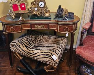 Kidney shape writing desk, bench with crossed sword base, French cloth and other accessories.