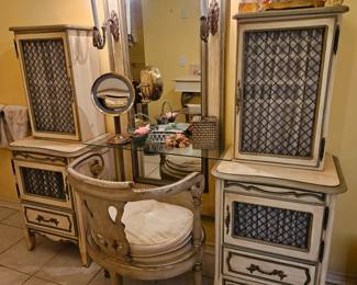 A clever use of two side tables and upper cabinets with glass to create a dressing table. Priced as a 4-piece unit with or without glass. Chair sold separately.