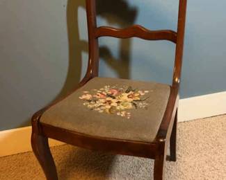 Solid Wood Chair With Embroidered Seat And Carved Backrest